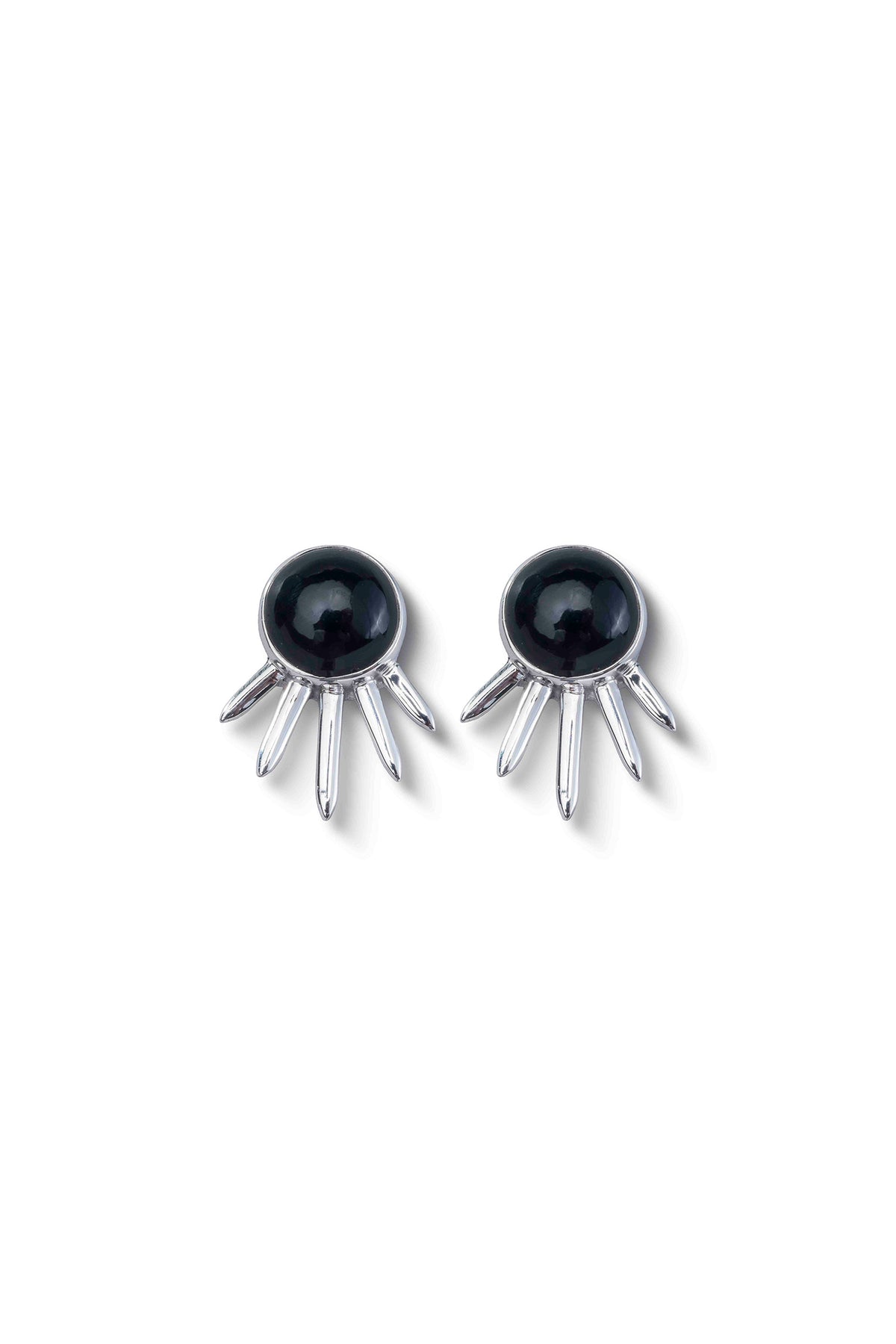 Sol Pequeño Earrings in sterling silver with black onyx, front view — handmade in Taxco, Mexico #Gemstone Type_Onyx