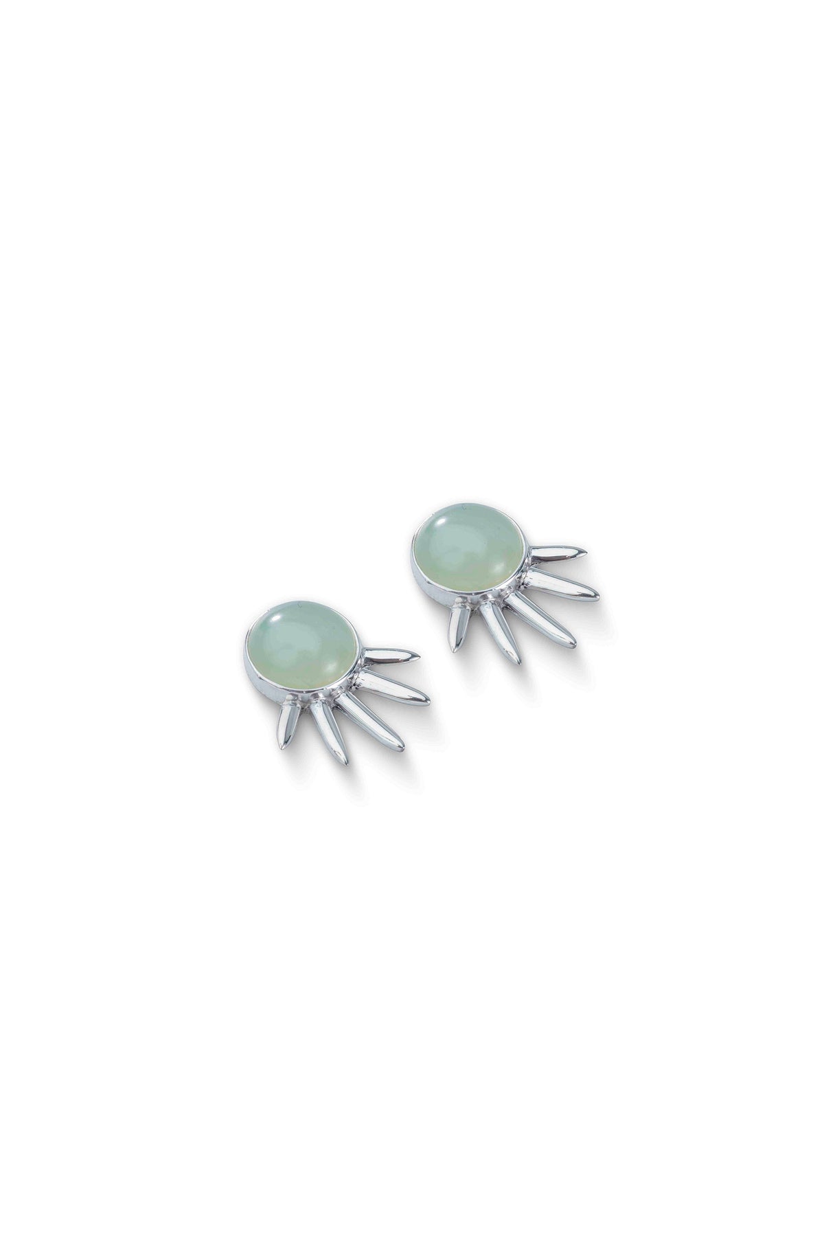Sol Pequeño Earrings in sterling silver with jade, lying flat — handmade in Taxco, Mexico #Gemstone Type_Jade