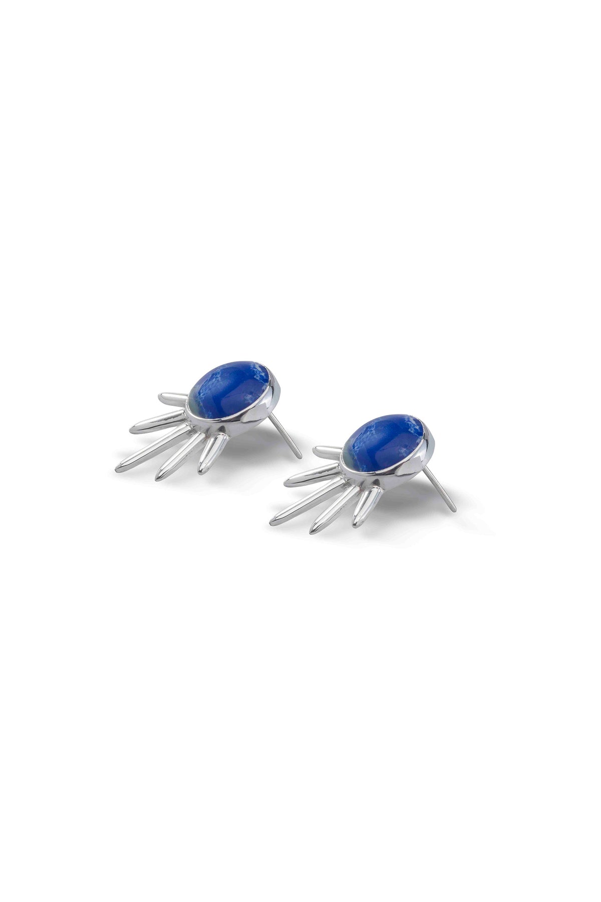 Sol Pequeño Earrings in sterling silver with lapis lazuli, angled view showing the post — handmade in Taxco, Mexico #Gemstone Type_Lapis Lazuli