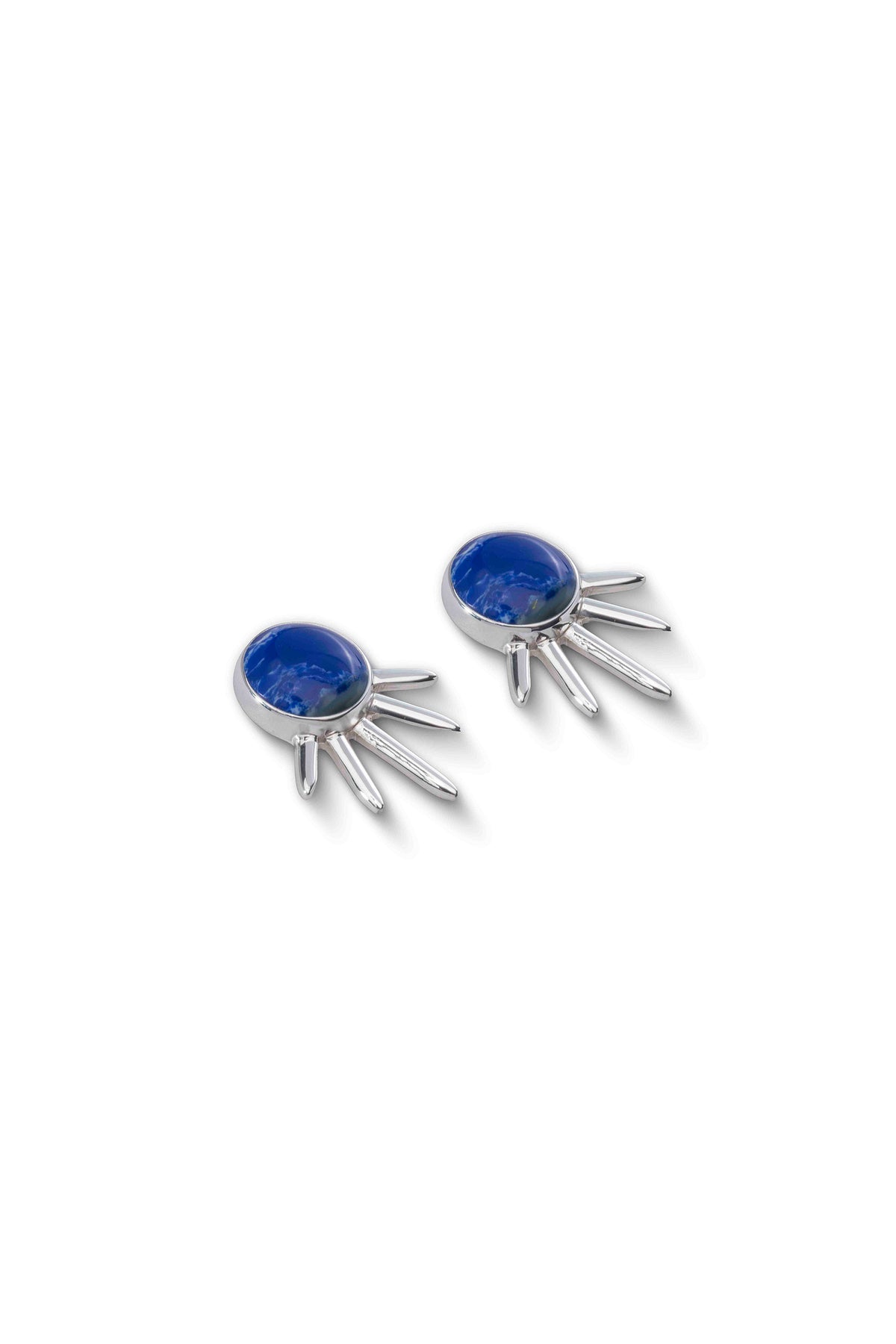 Sol Pequeño Earrings in sterling silver with lapis lazuli, lying flat — handmade in Taxco, Mexico #Gemstone Type_Lapis Lazuli