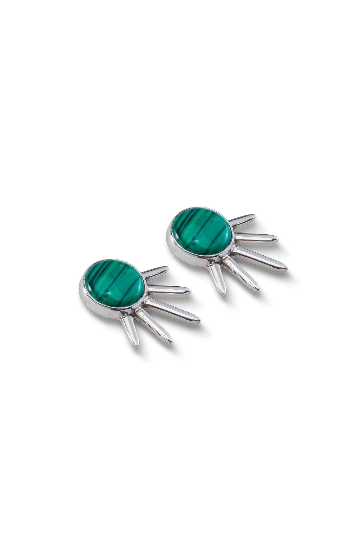 Sol Pequeño Earrings in sterling silver with malachite, angled view showing the post — handmade in Taxco, Mexico #Gemstone Type_Malachite