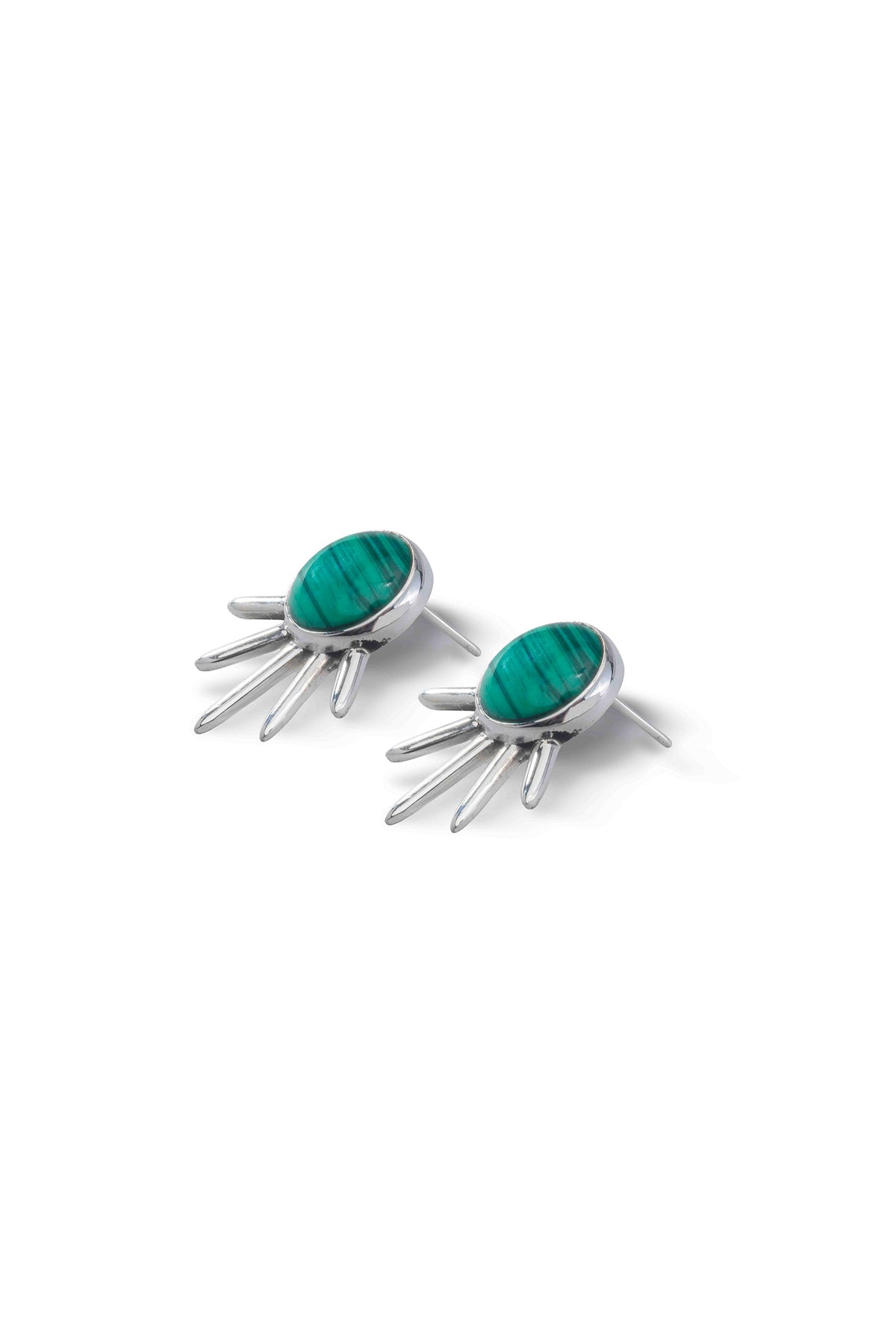 Sol Pequeño Earrings in sterling silver with malachite, lying flat — handmade in Taxco, Mexico #Gemstone Type_Malachite