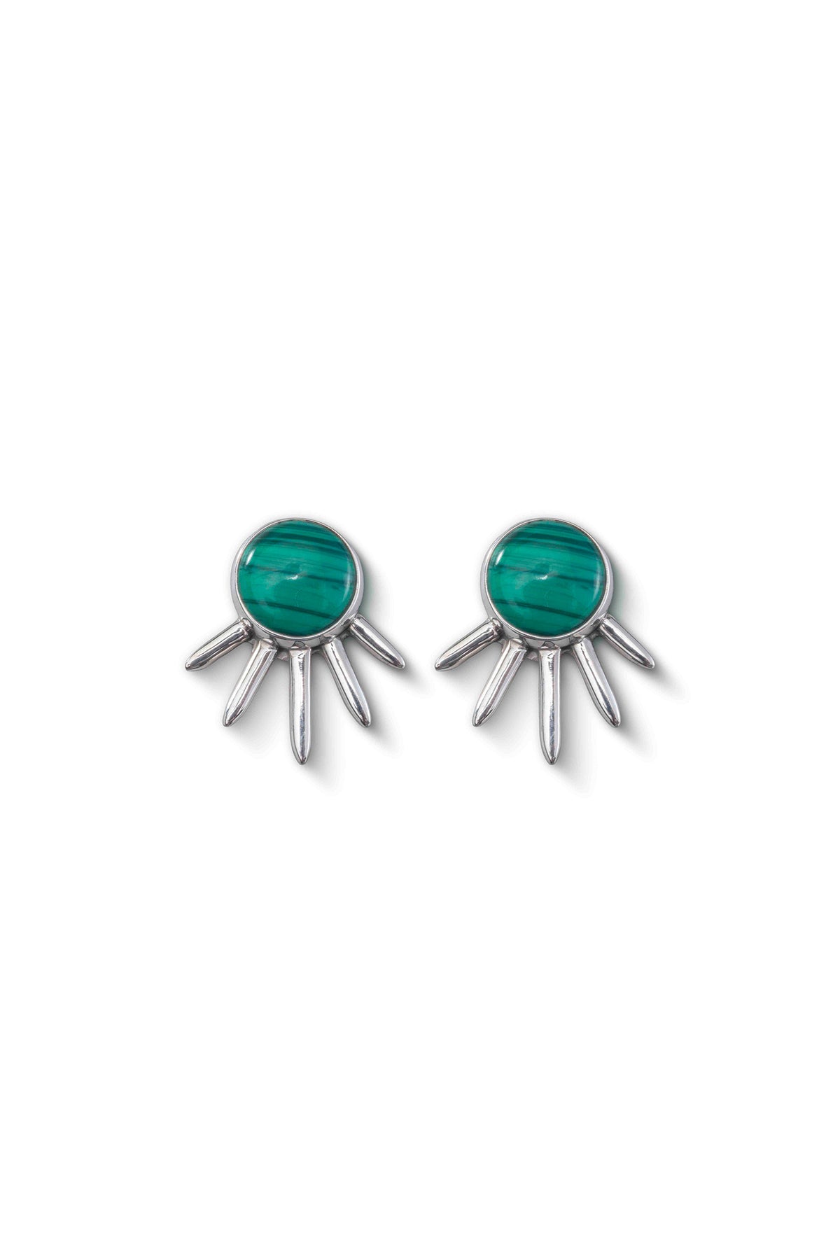 Sol Pequeño Earrings in sterling silver with malachite, front view — handmade in Taxco, Mexico #Gemstone Type_Malachite