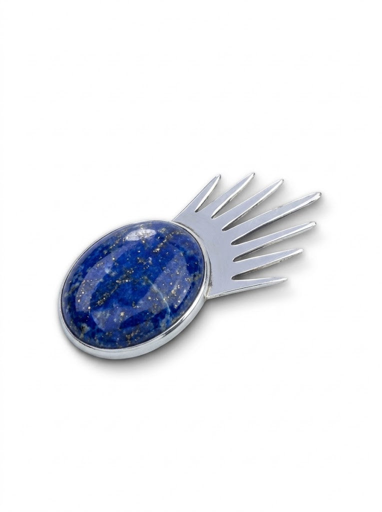 Sol Pin Grande in sterling silver with lapis lazuli, side view — handmade in Taxco, Mexico #Gemstone Type_Lapis Lazuli