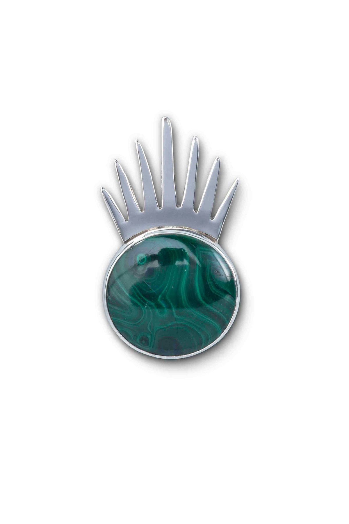 Sol Pin Grande in sterling silver with malachite, front view — handmade in Taxco, Mexico #Gemstone Type_Malachite
