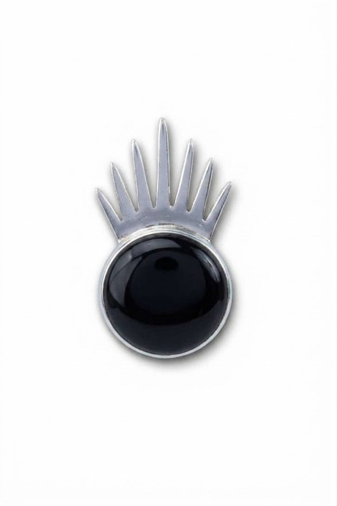 Sol Pin Grande in sterling silver with black onyx, front view — handmade in Taxco, Mexico #Gemstone Type_Onyx