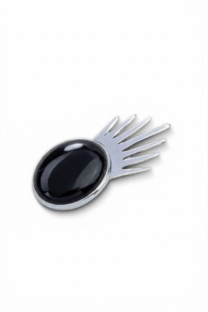 Sol Pin Grande in sterling silver with black onyx, side view — handmade in Taxco, Mexico #Gemstone Type_Onyx
