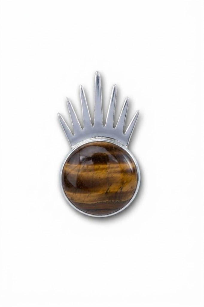 Sol Pin Grande in sterling silver with tiger's eye, front view — handmade in Taxco, Mexico #Gemstone Type_Tiger Eye