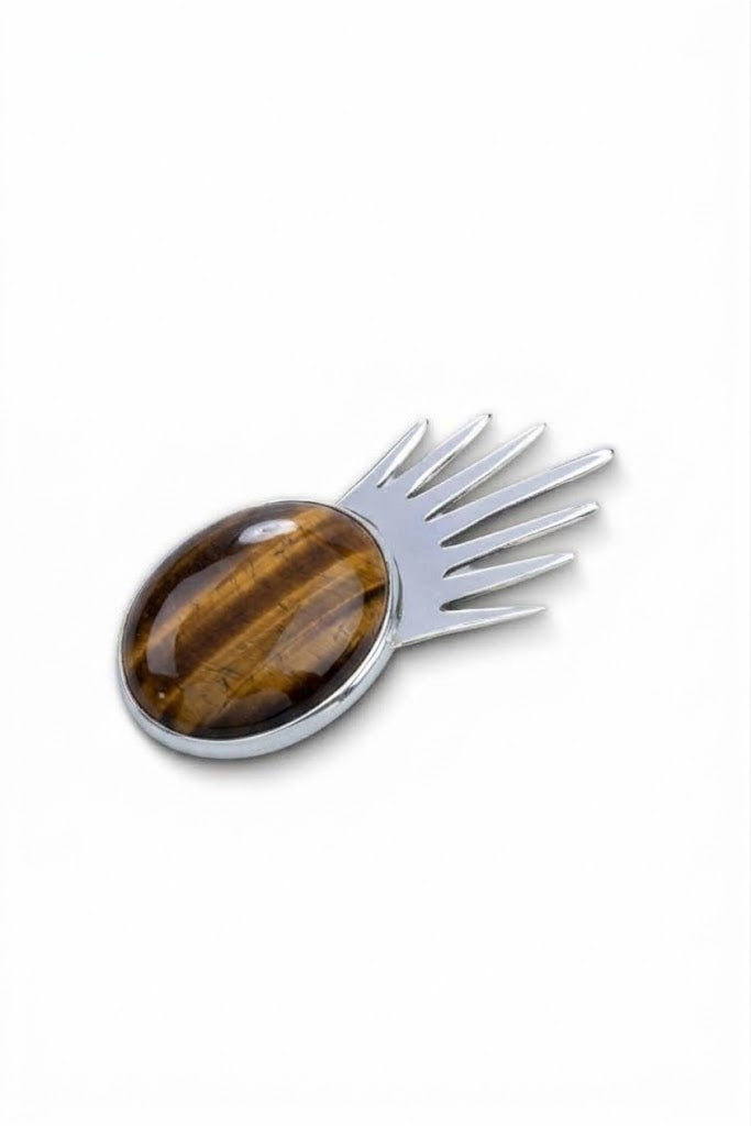 Sol Pin Grande in sterling silver with tiger's eye, side view — handmade in Taxco, Mexico #Gemstone Type_Tiger Eye