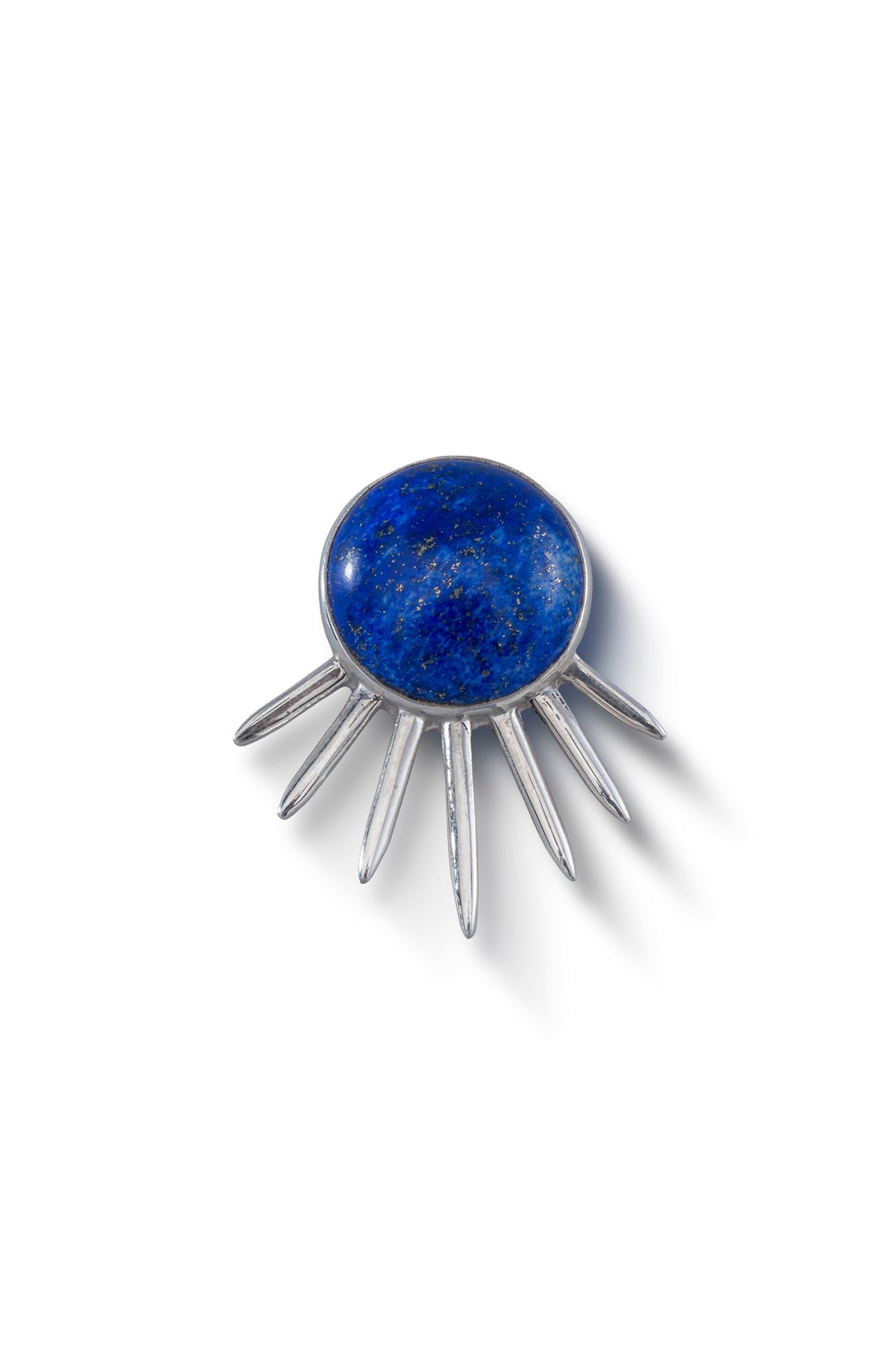 Sol Pin Pequeño in sterling silver with lapis lazuli, front view — handmade in Taxco, Mexico #Gemstone Type_Lapis lazuli