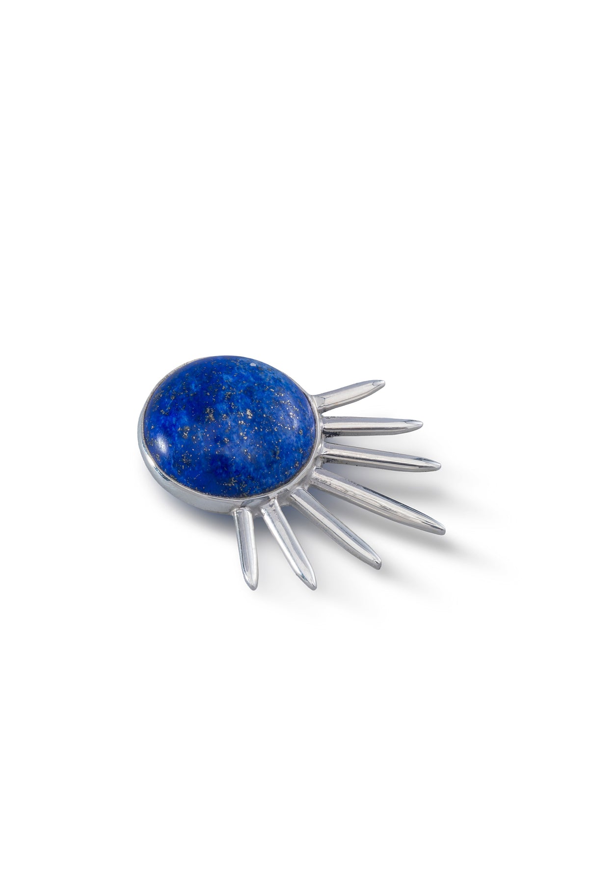 Sol Pin Pequeño in sterling silver with lapis lazuli, side view — handmade in Taxco, Mexico #Gemstone Type_Lapis lazuli