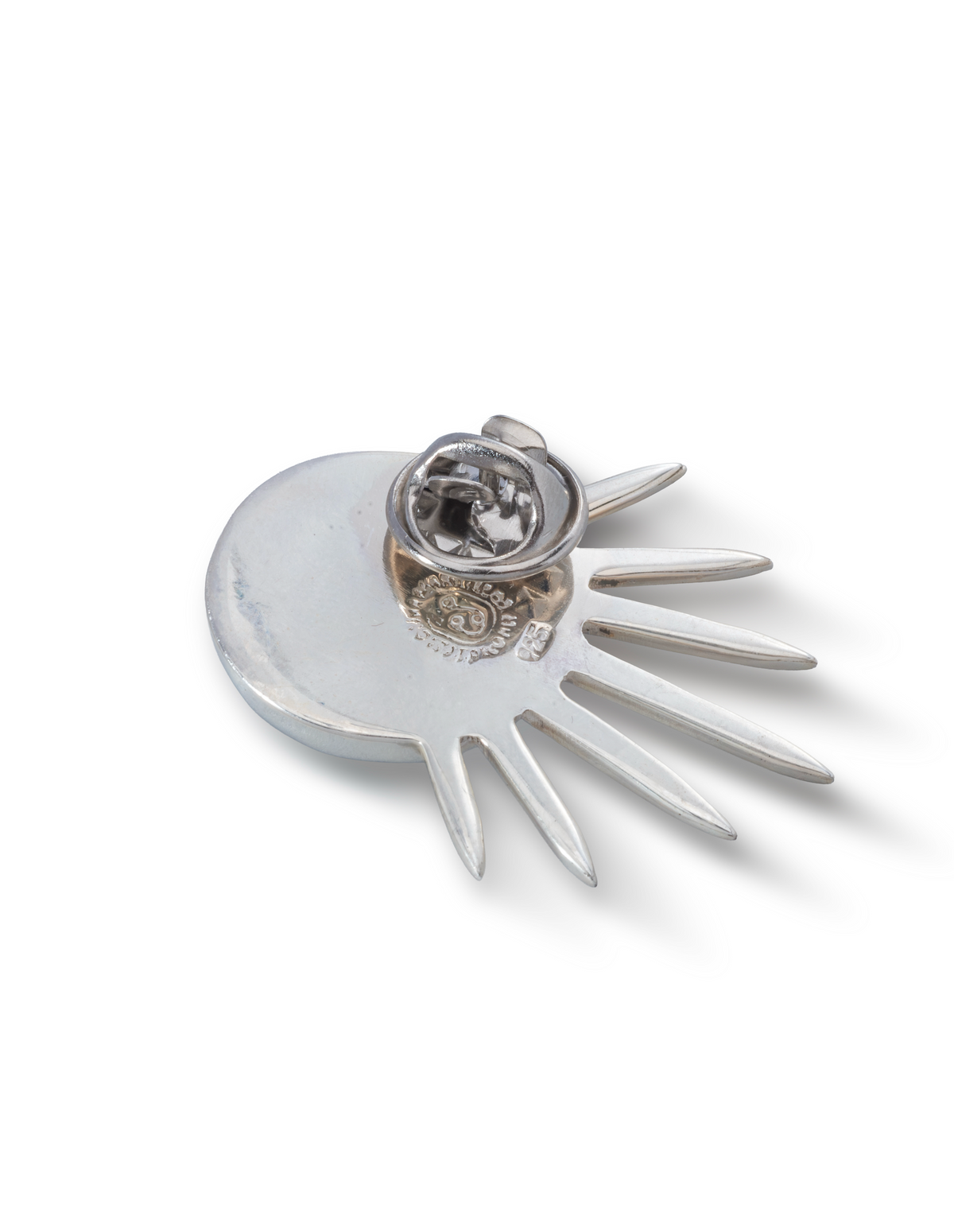 Sol Pin Pequeño in sterling silver with black onyx, back view showing the pin back — handmade in Taxco, Mexico #Gemstone Type_Onyx