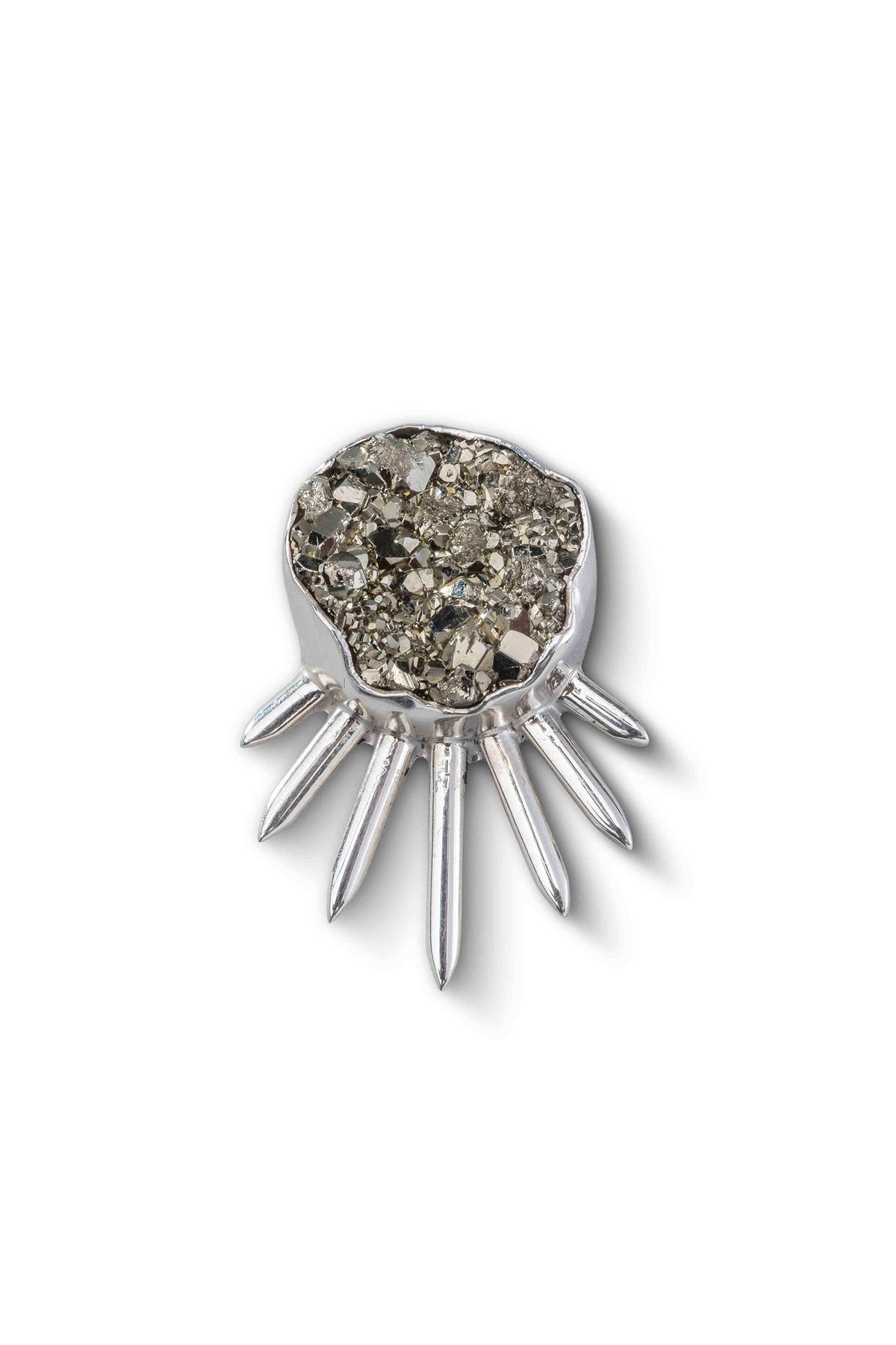 Sol Pin Pequeño in sterling silver with pyrite, front view — handmade in Taxco, Mexico #Gemstone Type_Pyrite