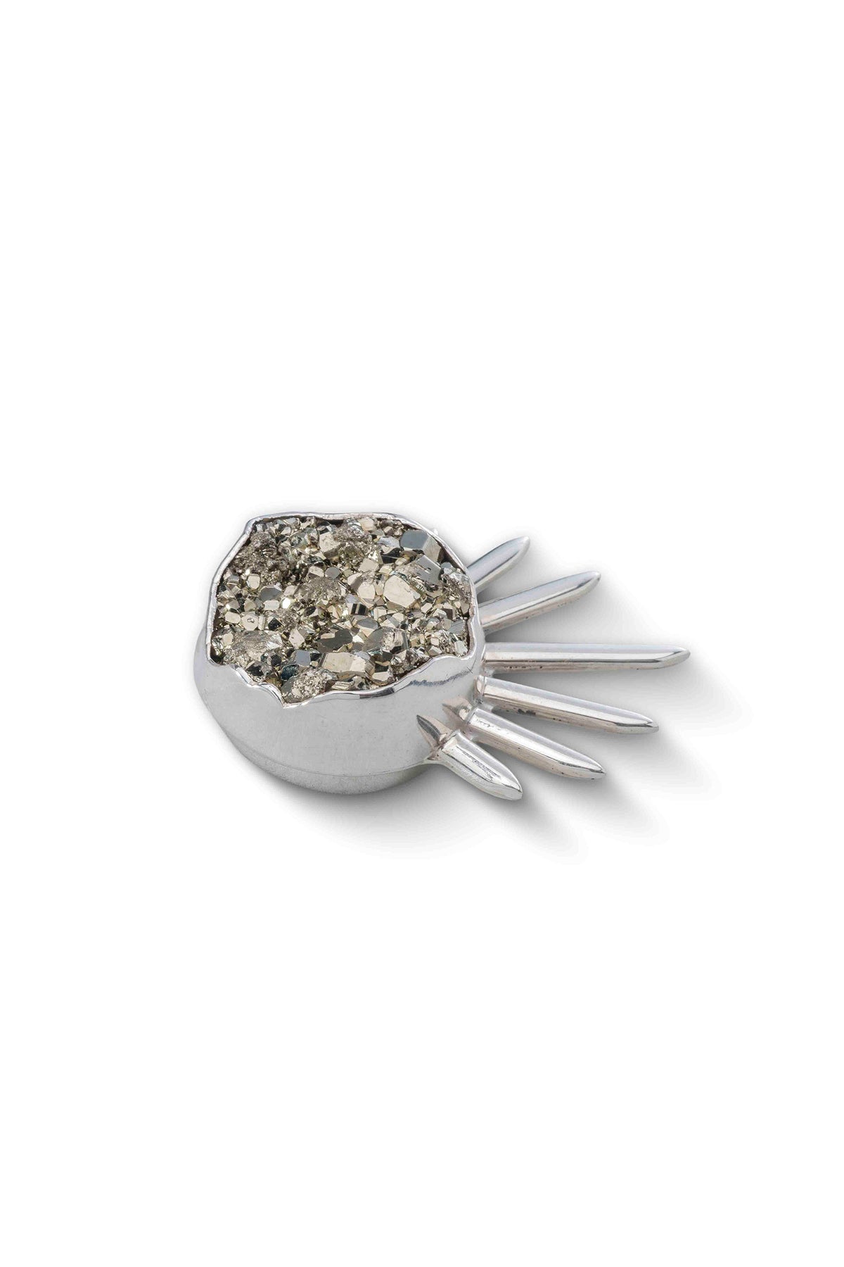 Sol Pin Pequeño in sterling silver with pyrite, side view — handmade in Taxco, Mexico #Gemstone Type_Pyrite