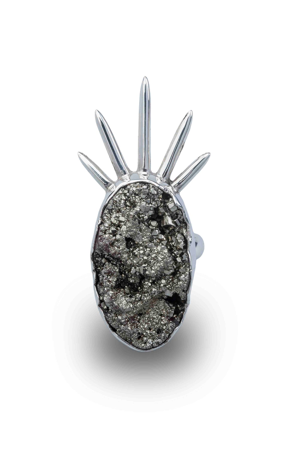 Sol Pyrite Ring in sterling silver with raw pyrite, front view — handmade in Taxco, Mexico