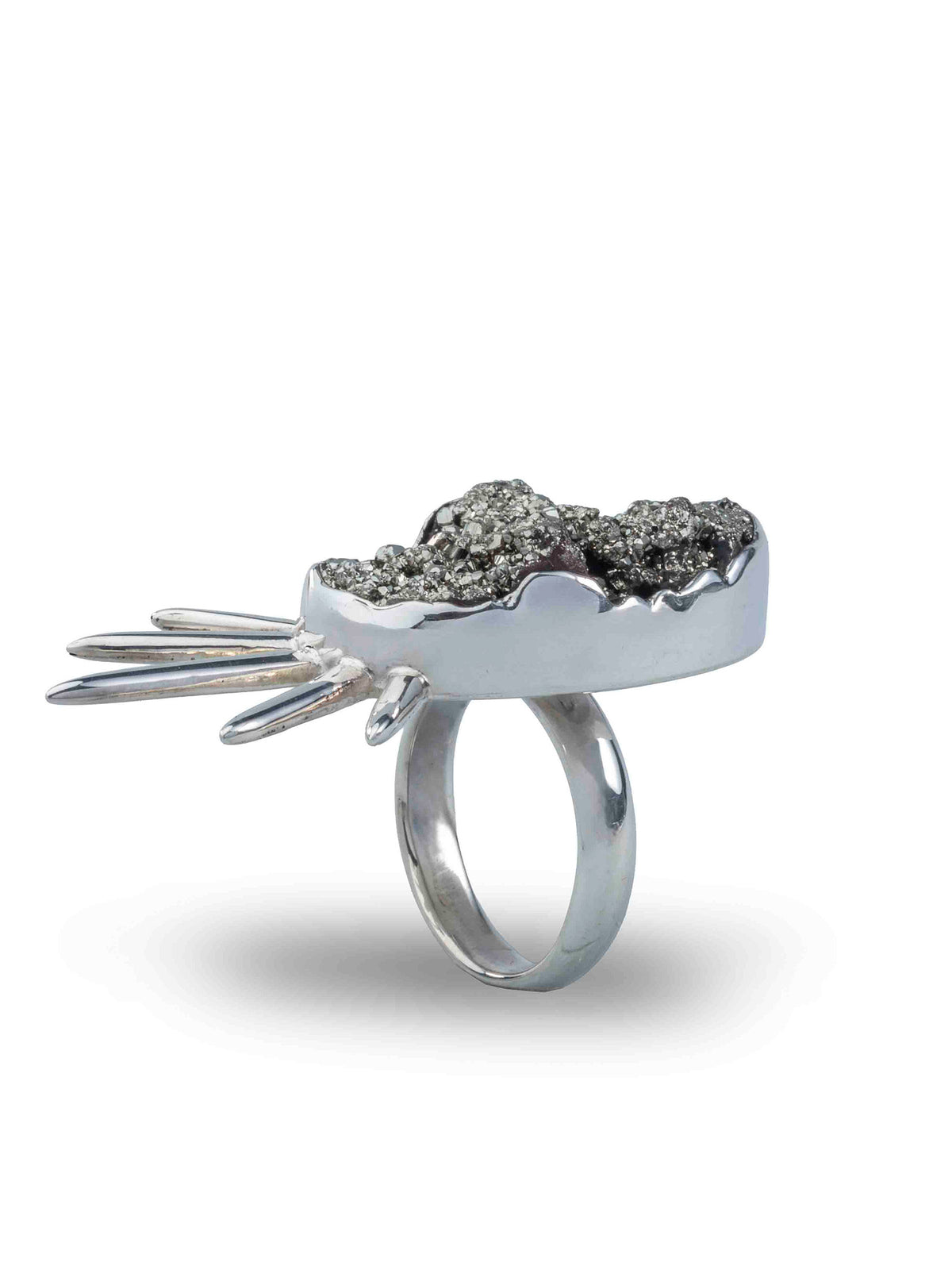 Sol Pyrite Ring in sterling silver with raw pyrite, side view showing the rays — handmade in Taxco, Mexico