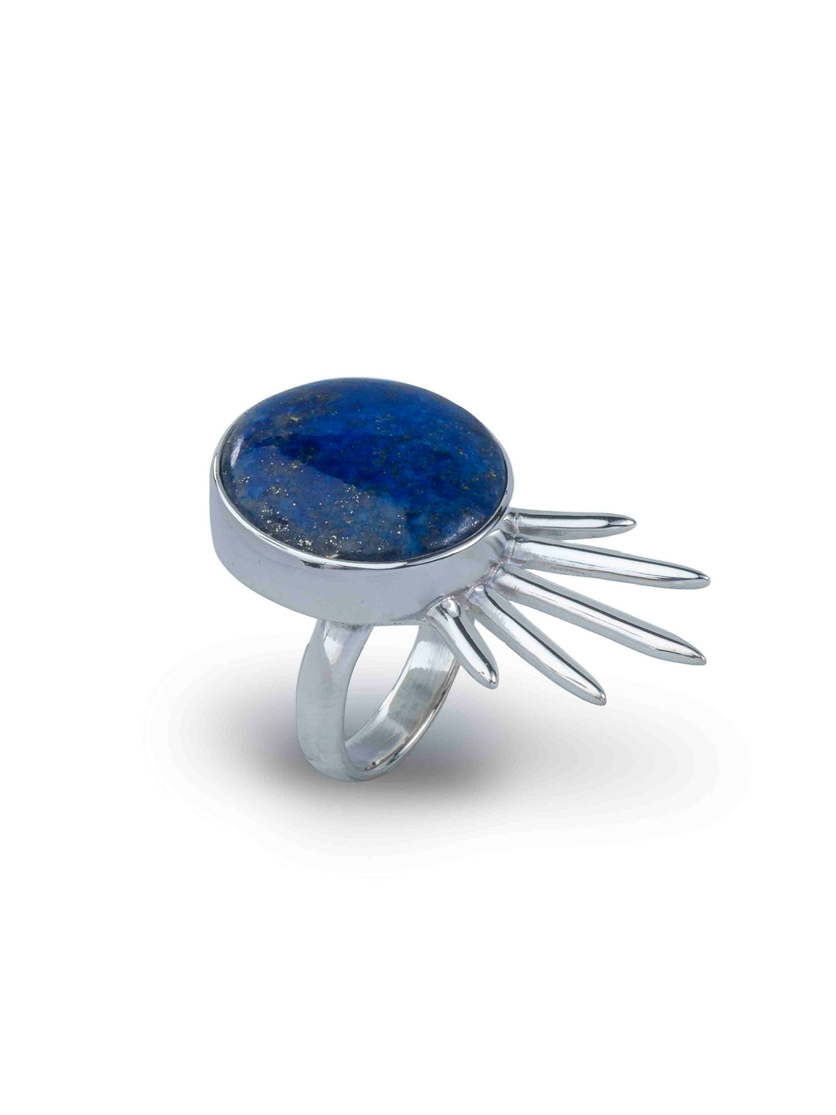 Sol Ring in sterling silver with lapis lazuli, side view showing the rays — handmade in Taxco, Mexico #Gemstone Type_Lapis lazuli