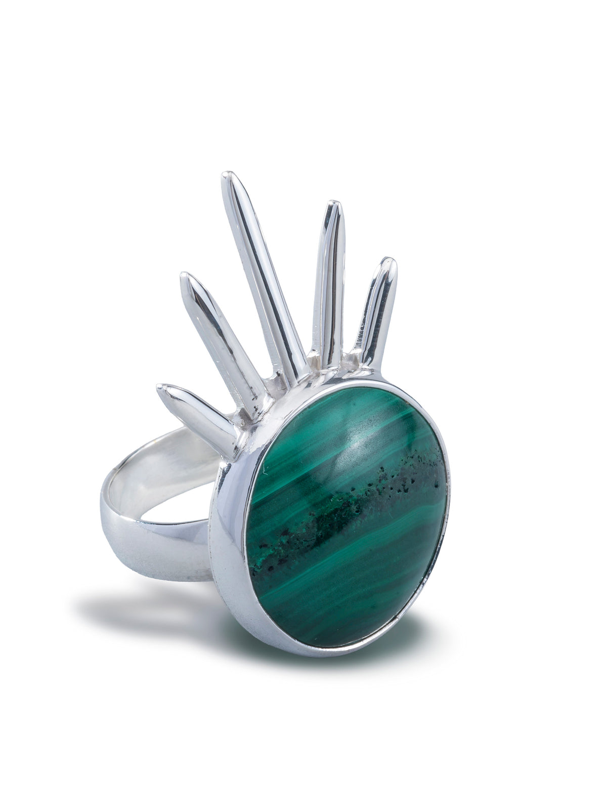 Sol Ring in sterling silver with malachite, front view — handmade in Taxco, Mexico #Gemstone Type_Malachite