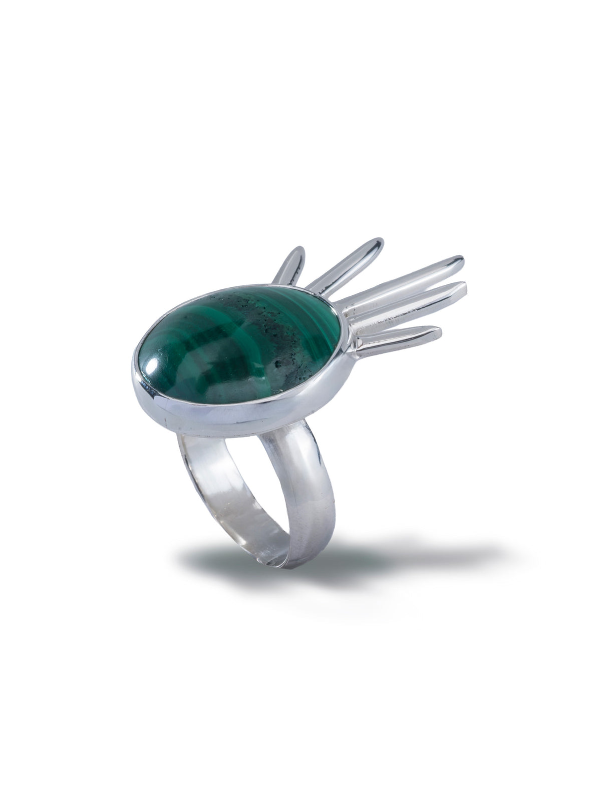 Sol Ring in sterling silver with malachite, side view showing the rays — handmade in Taxco, Mexico #Gemstone Type_Malachite