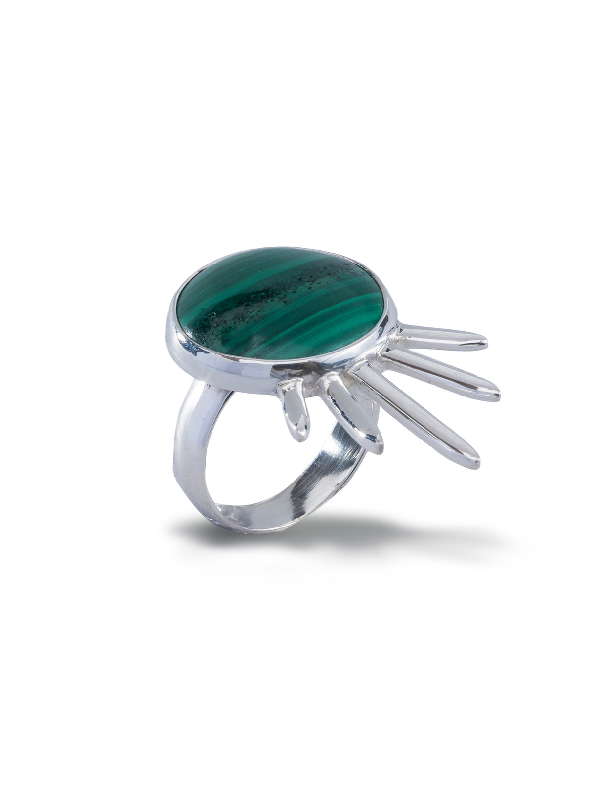 Sol Ring in sterling silver with malachite, side view from the other angle — handmade in Taxco, Mexico #Gemstone Type_Malachite