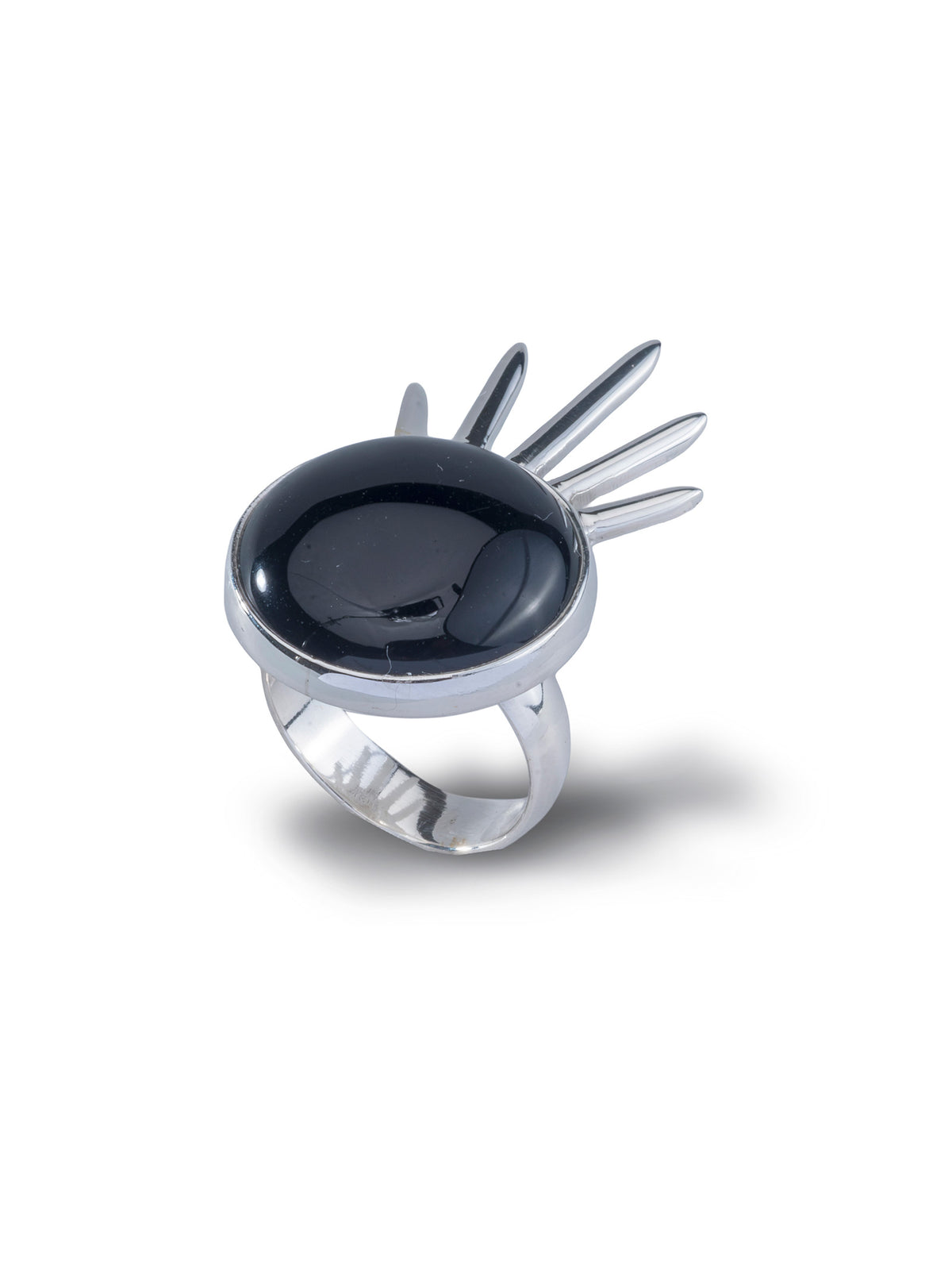 Sol Ring in sterling silver with black onyx, side view showing the rays — handmade in Taxco, Mexico #Gemstone Type_Onyx