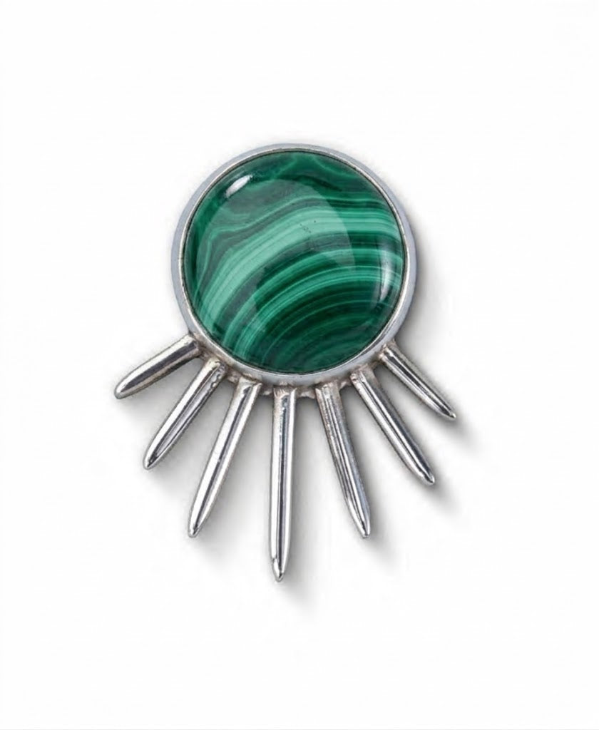 Sol Scarf Ring in sterling silver with malachite, front view — handmade in Taxco, Mexico #Gemstone Type_Malachite
