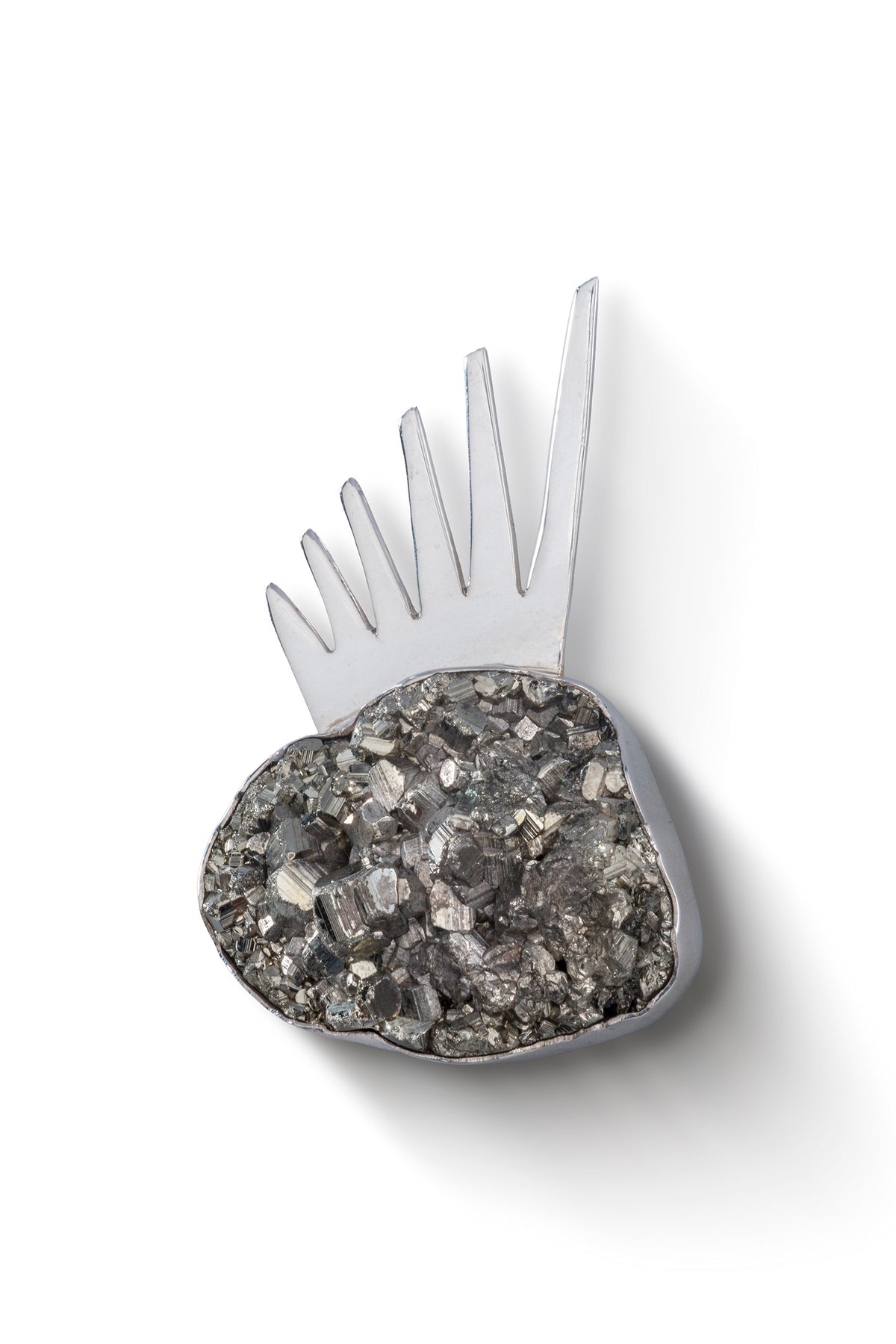 Sol ShimSham Pin in sterling silver with raw pyrite, front view — handmade in Taxco, Mexico