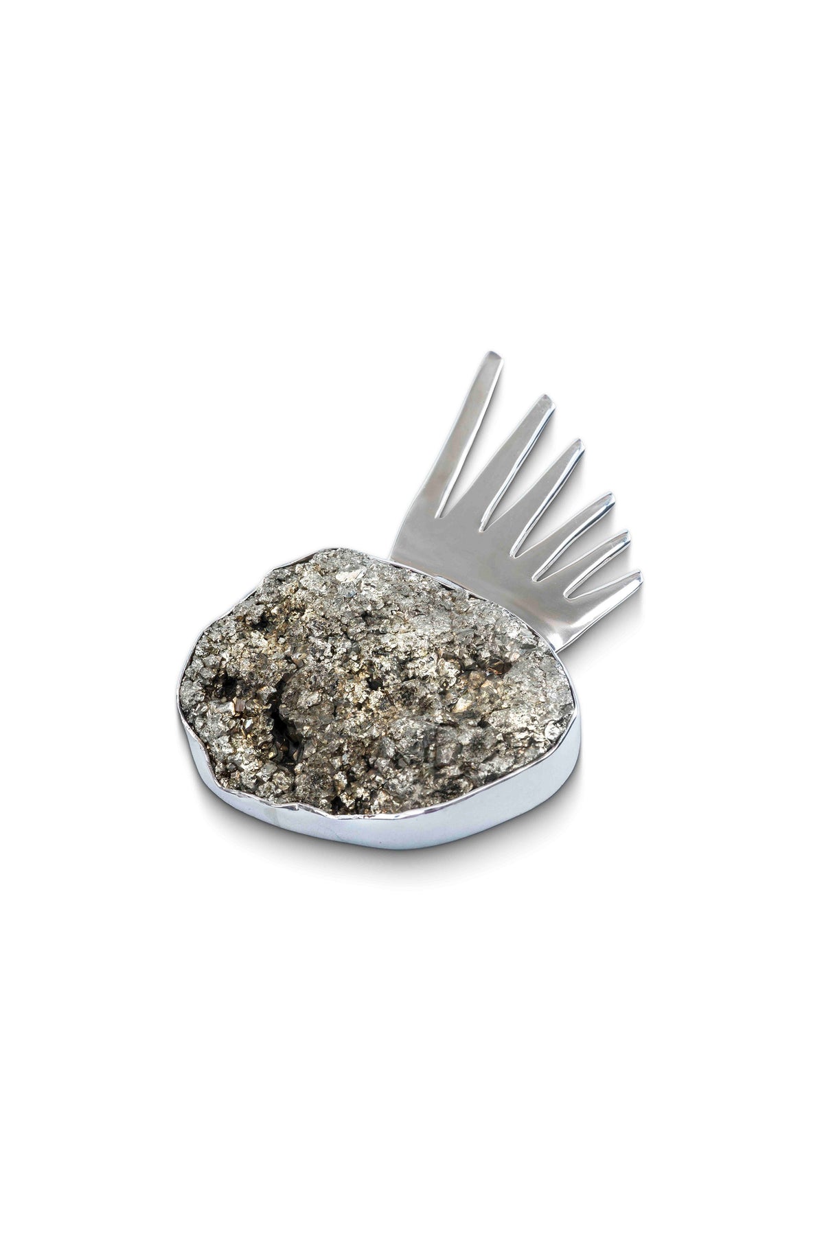 Sol ShimSham Pin in sterling silver with raw pyrite, side view — handmade in Taxco, Mexico