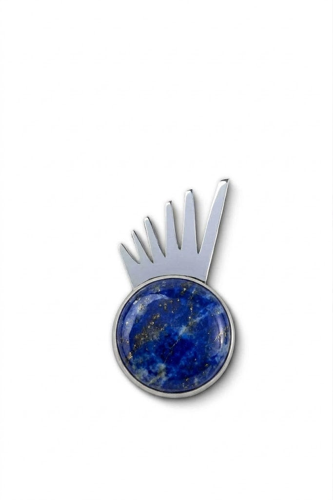 Sol Spur Pin Grande in sterling silver with lapis lazuli, front view — handmade in Taxco, Mexico #Gemstone Type_Lapis lazuli