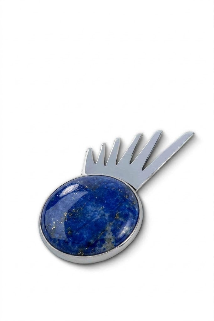 Sol Spur Pin Grande in sterling silver with lapis lazuli, side view — handmade in Taxco, Mexico #Gemstone Type_Lapis lazuli