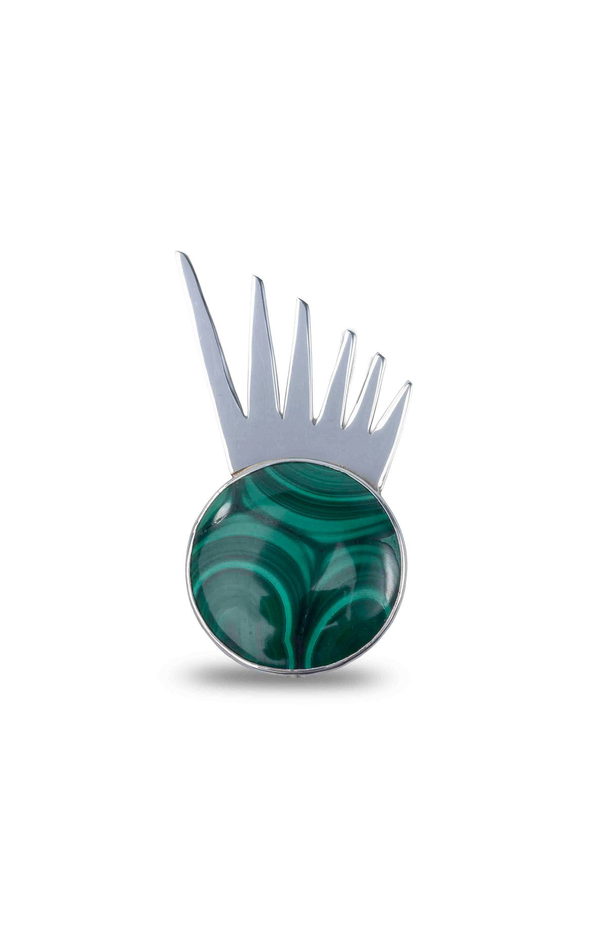 Sol Spur Pin Grande in sterling silver with malachite, front view — handmade in Taxco, Mexico #Gemstone Type_Malachite