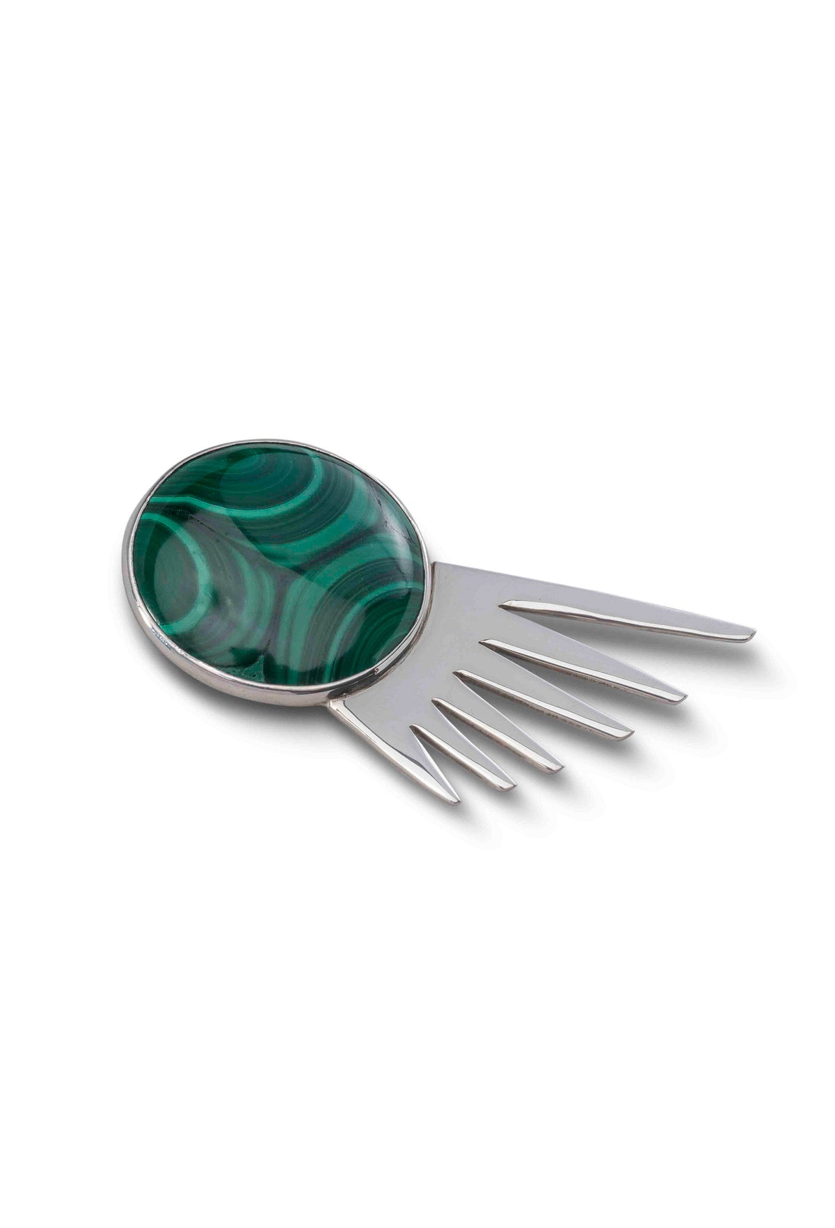 Sol Spur Pin Grande in sterling silver with malachite, side view — handmade in Taxco, Mexico #Gemstone Type_Malachite