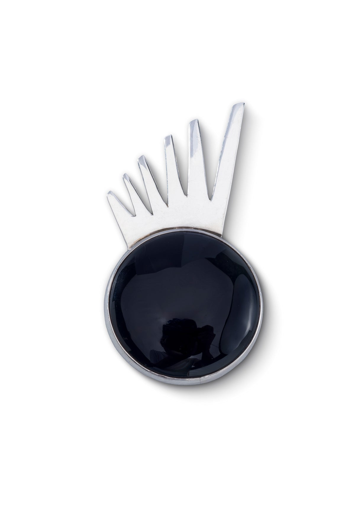 Sol Spur Pin Grande in sterling silver with black onyx, front view — handmade in Taxco, Mexico #Gemstone Type_Onyx