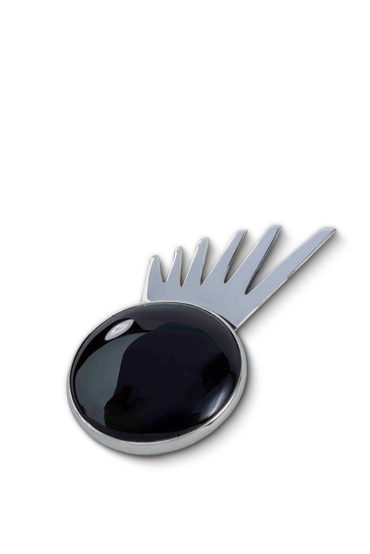 Sol Spur Pin Grande in sterling silver with black onyx, side view — handmade in Taxco, Mexico #Gemstone Type_Onyx