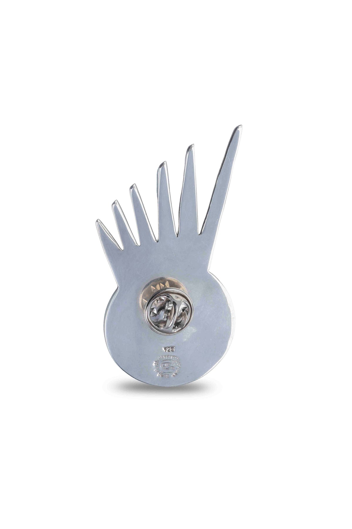 Sol Spur Pin Grande in sterling silver with pyrite, back view showing the pin back — handmade in Taxco, Mexico #Gemstone Type_Pyrite