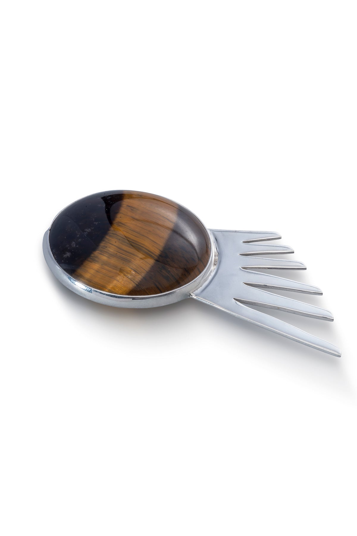 Sol Spur Pin Grande in sterling silver with tiger's eye, side view — handmade in Taxco, Mexico #Gemstone Type_Tiger Eye