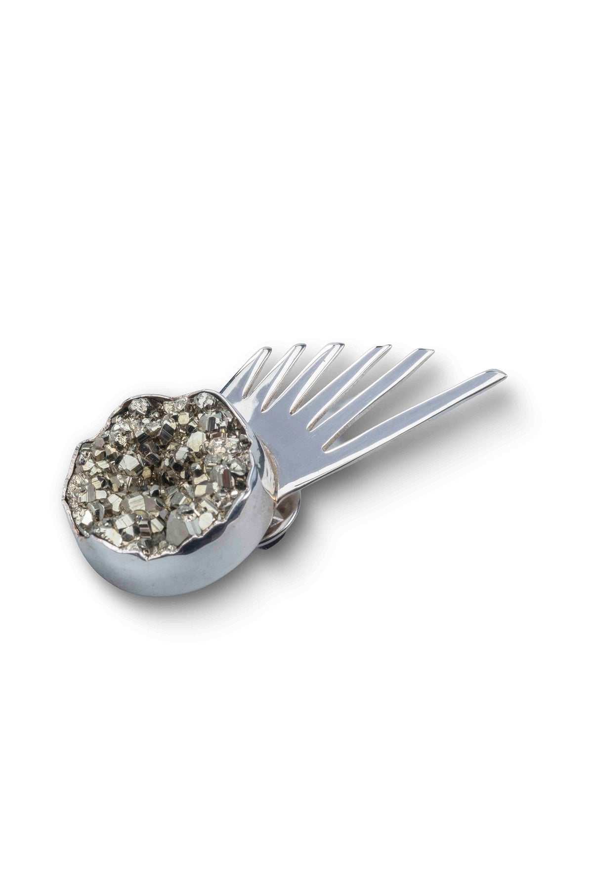 Sol Spur Pin Pequeño in sterling silver with raw pyrite, side view — handmade in Taxco, Mexico #Gemstone Type_Pyrite